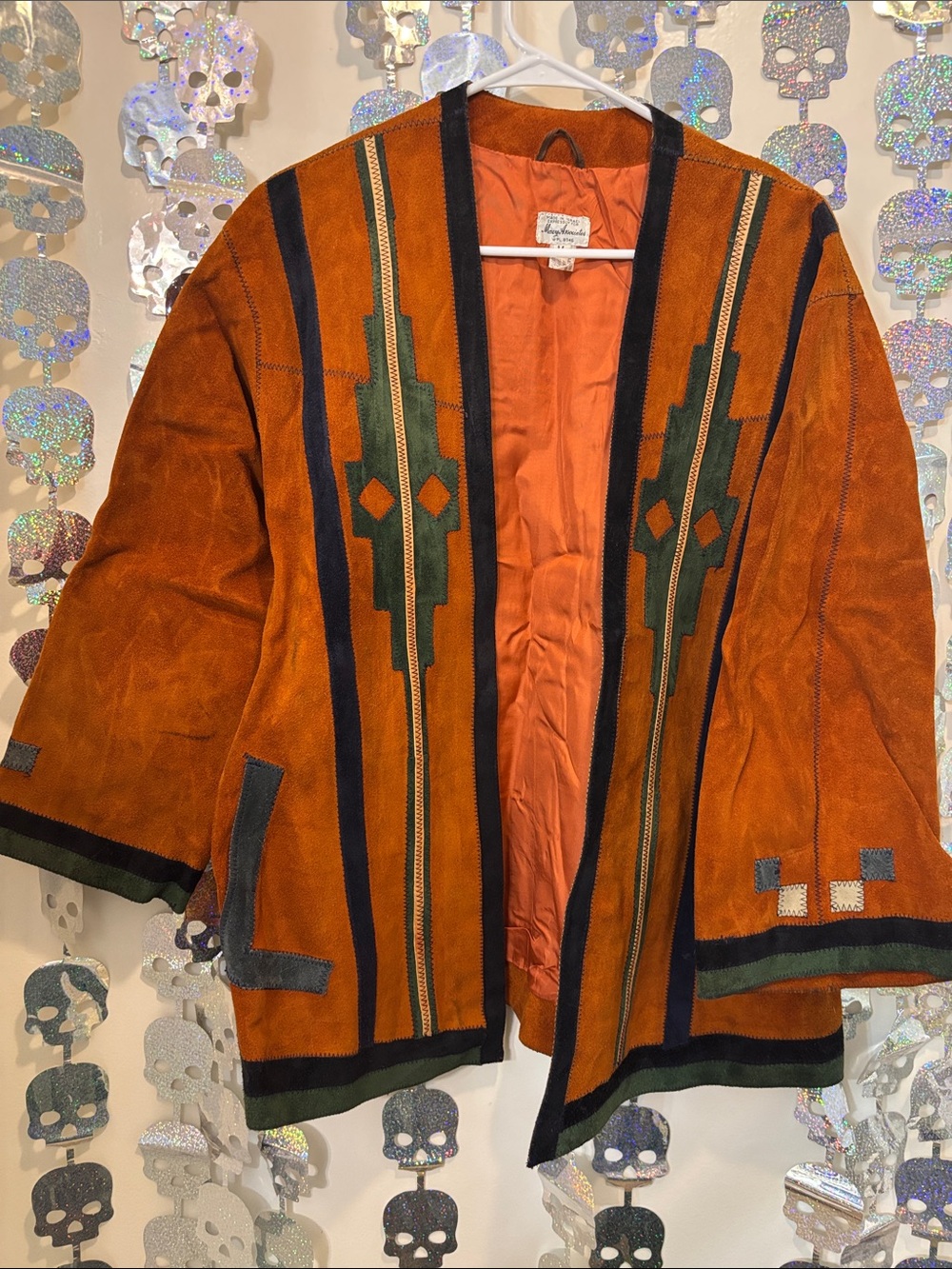 Women's Suede Open-Front Jacket in Rustic Orange with Green Trim